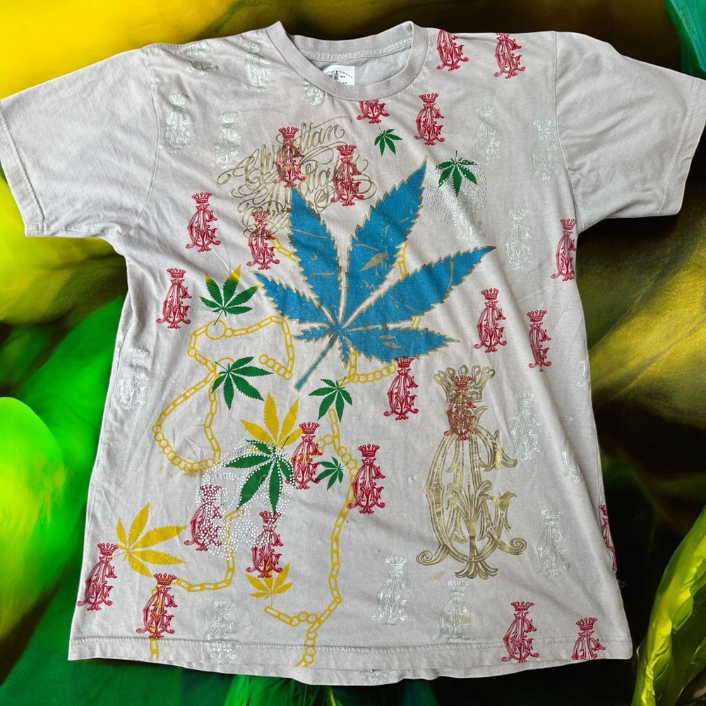 Vintage Y2K CHRISTIAN AUDIGIER AOP Pot Leaves Stones Gray T-Shirt Adult 3XL